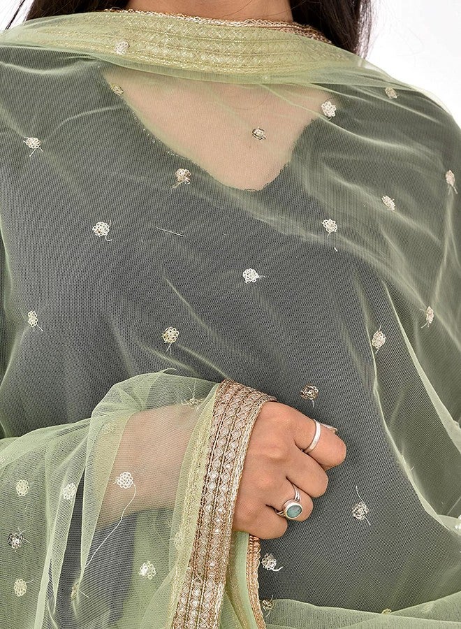 themilestocks Woman's Embellished Net Dupatta Scarf Shawl Wrap Soft Indian Bridal Wedding (Sage), 87 X 44 Inch - Image 2
